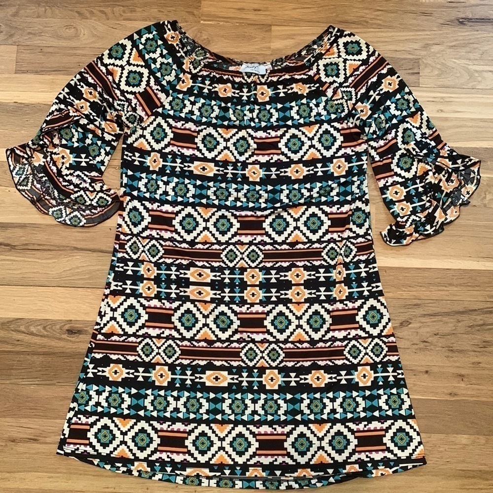 Jody California Abstract Geometric Pattern Boatneck Above Knee Dress Women’s M